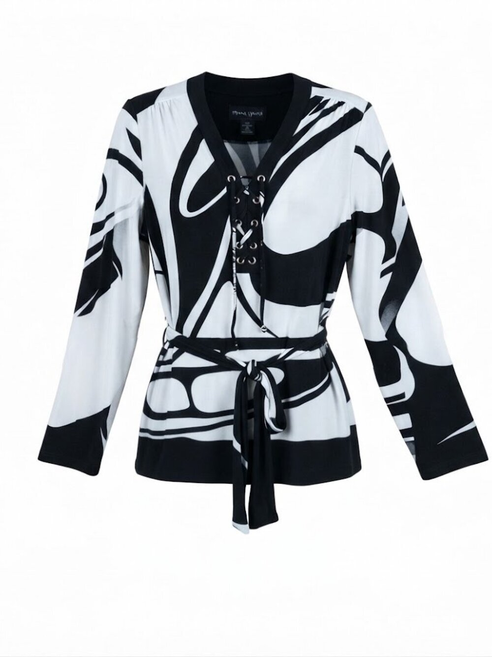 Frank Lyman Design Black and White Graphic chain Lace-Up Tunic Top